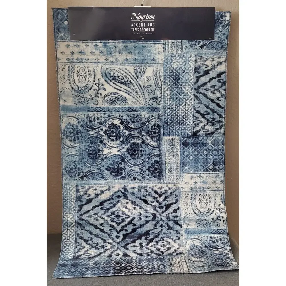 Nourison Watercolor Accent Rug 27x45 Blue Paisley Patchwork WWE04 BLU New